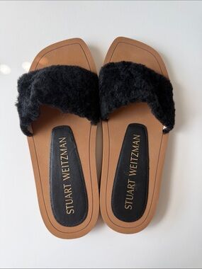 Stuart Weitzman Black Faux-Fur Tan Slide Sandals